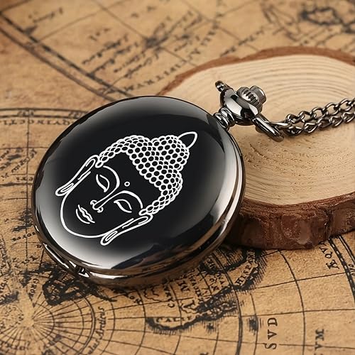 Image of Vintage Gandhi Style Pocket Watch with Engraved Designs & Messages Royal Black Analog for Men Women & Kids Includes Key Ring for car or Bike Keys Ideal Gift