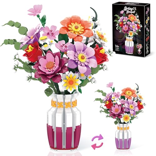 Set de Construction de Bouquet de Fleurs avec Vase Bicolore, 16 Bouquets de Fleurs Artificielles pour Adultes & Femmes, Compatible avec la Lego Collection de Bouquets de Fleurs Botanicals, 1278 Pièces