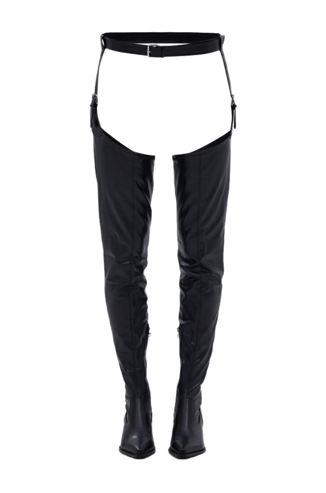 sexytag Thigh High Belted Chap Boots Buckle Over the Knee Pointed Toe Chunky Heel Western Boots Side Zipper