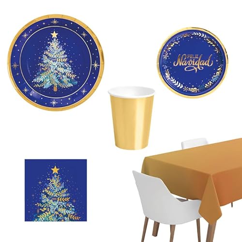 MAXI PRODUCTS - Kit 12 Personas - Decoración Navidad Azul Noche - Pack 66 uds - Temática Navideña - Vajillas Completas Navidad - Diseño Único
