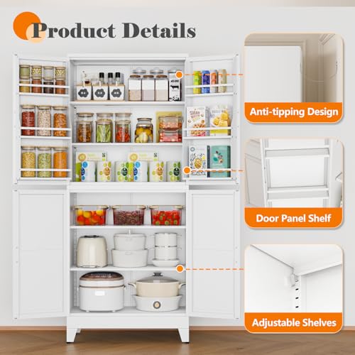 Image of GAIOUS 74.8 inch Tall Metal Food Cabinet, White Kitchen Pantry Cabinet, Storage Cabinets with 4 Door and 4 Adjustable Shelves, Steel Freestanding Cupboard for Kitchen Dining Room Living Room Bathroom