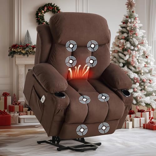 Image of BOSMILLER Power Lift Recliner Chair with Massage and Heat for Elderly, Electric Recliner Single Sofa with Two Cup Holders, Extended Footrest, Side Pocket and USB Charge Port for Living Room