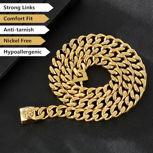 KRKC&CO 12mm Mens Cuban Link Chain For Men, 18k Gold Plated Miami Thick Necklace, Lion, Skulls Square Clasp, Durable Anti-tarnish Urban Street-wear Hip Hop Jewelry for Him Rapper4