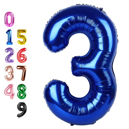 Image of Number Balloons 3 Balloon Navy Blue for 3rd Birthday Decorations, 40 inch | Saturated Color, Large 40 in, With Inflation Straw & Hanging Hole, Great for Men's Party, Back-To-School Season, Pool Party