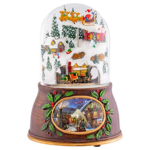 Musical Village with Santa Train Brown 6 inch Resin Holiday Wind Up Snow Dome