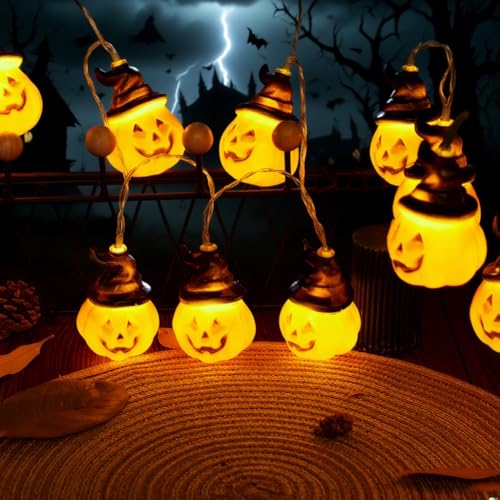 Image of 10 LED Mini Pumpkin String Lights - 1.5m Halloween Decorations with Hat, Warm White Battery Operated Lights for Party, Garden (Batteries Not Included)