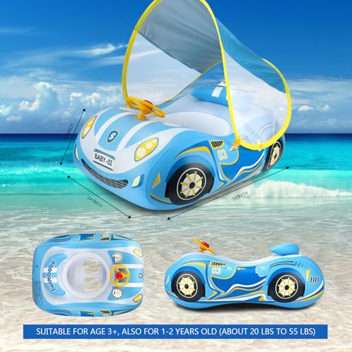 Image of Baby Pool Float with Canopy, PVC Baby Swim Float with Sun Shade Cover, 3D Car Toddler Pool Float Swimming Floats Seat Boat for 12-18, 12-24 Months, Age 2-3, 3+ Years (Blue Canopy)