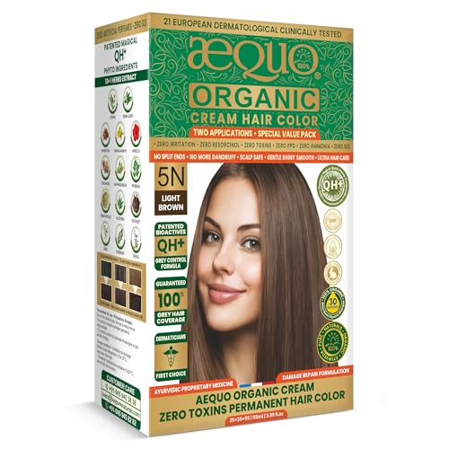Image of Aequo Organic Cream Hair Color 5N Light Brown - Herbal Hair Dye for 100% Grey Coverage | Zero Ammonia & PPD | QH+ Grey Control Formula | 2 Applications (115 ml)