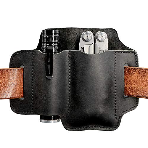 XXL EDC Leather Sheath for Leatherman Multitools Sheath, EDC Belt Sheath Pocket Organizer for 5 inch Knives Tactical Flashlights Tools, Leather Holster for Leatherman Multitool Flashlight. Black.