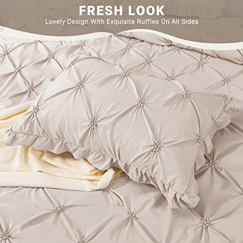 JOLLYVOGUE King Size Comforter Set 7 Pieces, Beige Bed in a Bag Comforter Set for Bedroom, Beddding Sets with Comforter, Sheets,Ruffled Shams & Pillowcases