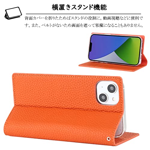 Elick iPhone 14 ケース 手帳型 高級牛革 アイフォン 14 ケース 手帳型 本革 マグネット式 スタンド機能 カード収納 ストラップ付き iPhone14 ケース アイフォン14 ケース iPhone 14 カバー オレンジ