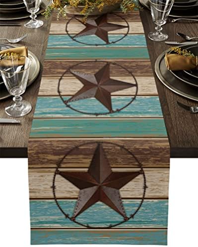 Farm Linen Cotton Table Runner Dresser Scarves, Western Texas Stars Rectangle Tablecloths for Farmhouse Kitchen Dining Wedding Picnic Party 13x48in, Teal Brown Blue Wood