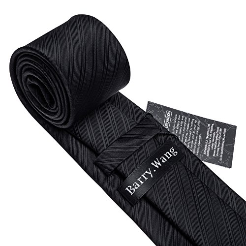 Image of Barry.Wang Solid Striped Tie for Men Silk Necktie Pocket Square Cufflinks Formal Wedding Party Business