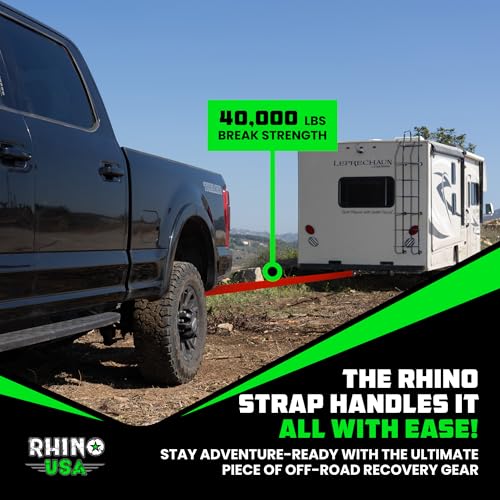 Image of Rhino USA Recovery Tow Strap (4 inch x 30') - 40,320lb Break Strength - Emergency Recovery Strap Tow Rope for Diesel Trucks, Backhoe, Excavators & More - Heavy Duty Towing Strap for Offroad 4x4 Use (Red)