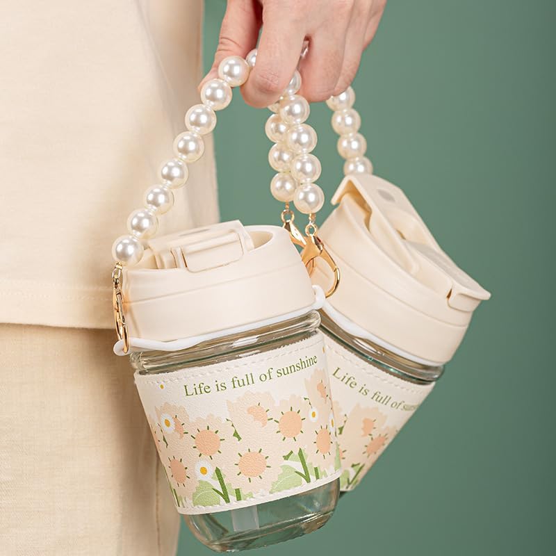 Image of Glass Coffee Sipper with Pearl Chain & Sleeve | Reusable Travel Tumbler with Dual Straw Lid | Aesthetic Juice, Smoothie & Milk Glass Tumbler (White Pearl, 350ml)