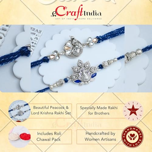 Image of eCraftIndia Beautiful Peacock Lord Krishna Playing Flute Designer Rakhi Set of 2 | Rakhi for Brother Bhaiya Bhai with Best Bro Ever Fridge Magnet | Roli Chawal Pack