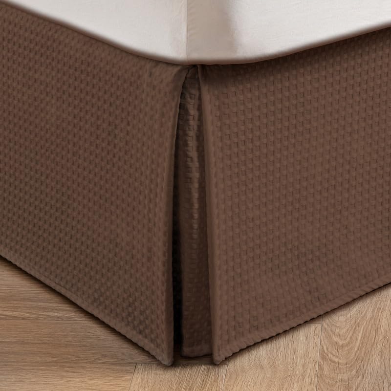 miye pleated waffle weave bed skirt, tailored dust ruffle 12 inch drop easy fit, machine washable (brown, queen - 12" drop) brown queen - 12" drop