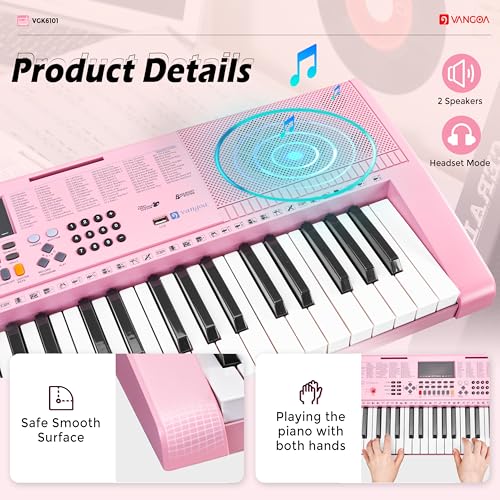 Image of Vangoa Pink Electric Piano Keyboard 61 Keys Light Up for Girls with Stand