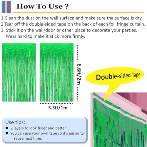 Image of 2 Pack Green Streamers St. Patrick's Day Decorations, Green Tinsel Foil Fringe Backdrop Curtain for Birthday Party, Party Door Streamers for Graduation, Dinosaur, Football Party Decorations
