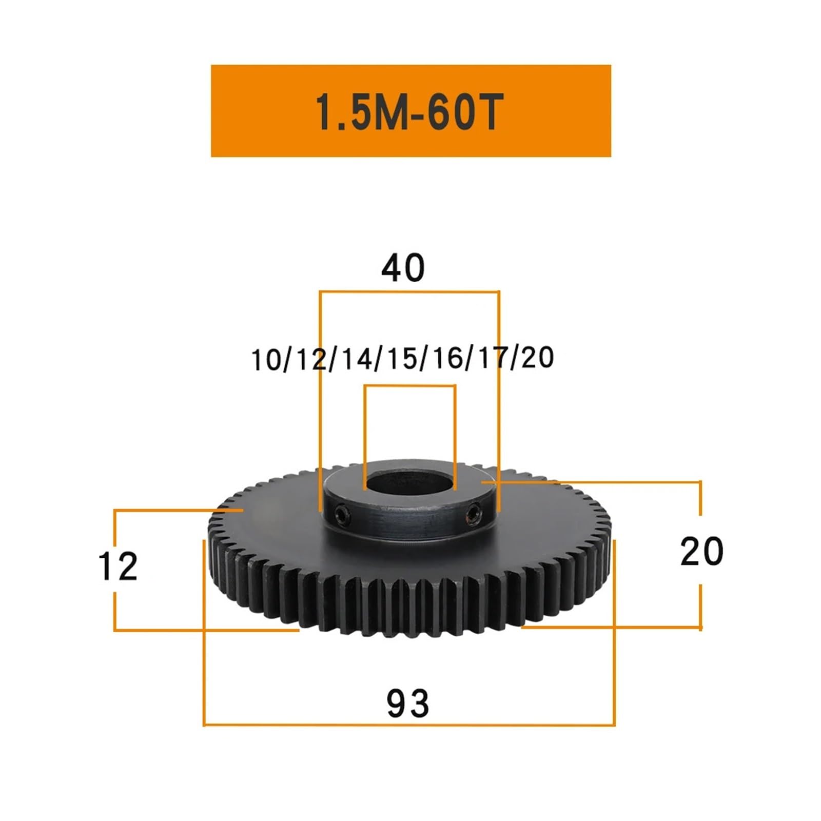 1 Uds engranaje cilíndrico 1,5 M-60T/65T diámetro 12/14/15/16/17/20mm espesor de los dientes 12mm engranaje de tornillo sin fin de acero al carbono ennegrecido for Motor eléctrico(10 mm,1.5M6