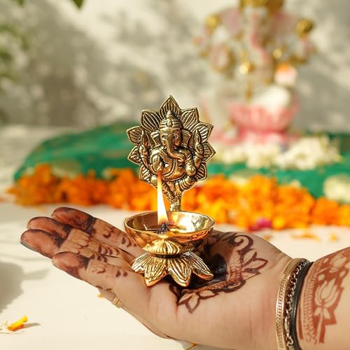 Image of Behoma 100% Pure Brass Ganesh Diya for Pooja Room | Ganesha Idol for mandir | Ganpati Decoration Item | House Warming Gift Items for Home Decor | 4 inch Height