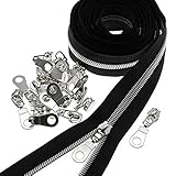 SHUNLI #5 Metallic Nylon Coil Zippers by The Yard,Black Tape Bulk 10 Yards with Silver Sliders Pulls 25 PCS,Metallic Silver Teeth Sewing Zippers for DIY Tailor Sewing Crafts Bags