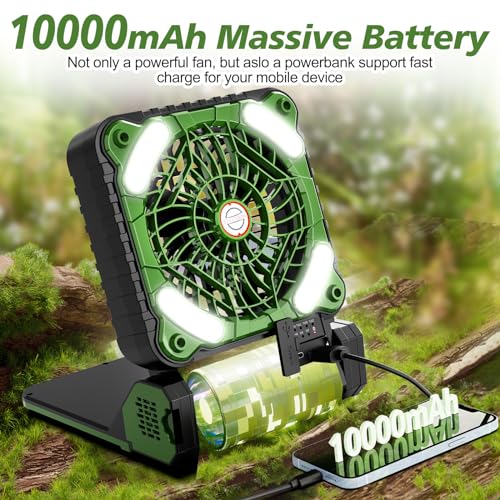 10000mAh-Solar-Powered-Camping-Fan-with-LED-Lantern-4-Speeds-Powerful-Wind-Rechargeable-Battery-Operated-Portable-Fan-Cordless-Desk-Cooling-Fan-with-3-Timer-PowerBank-for-Travel-Tent-Worksite