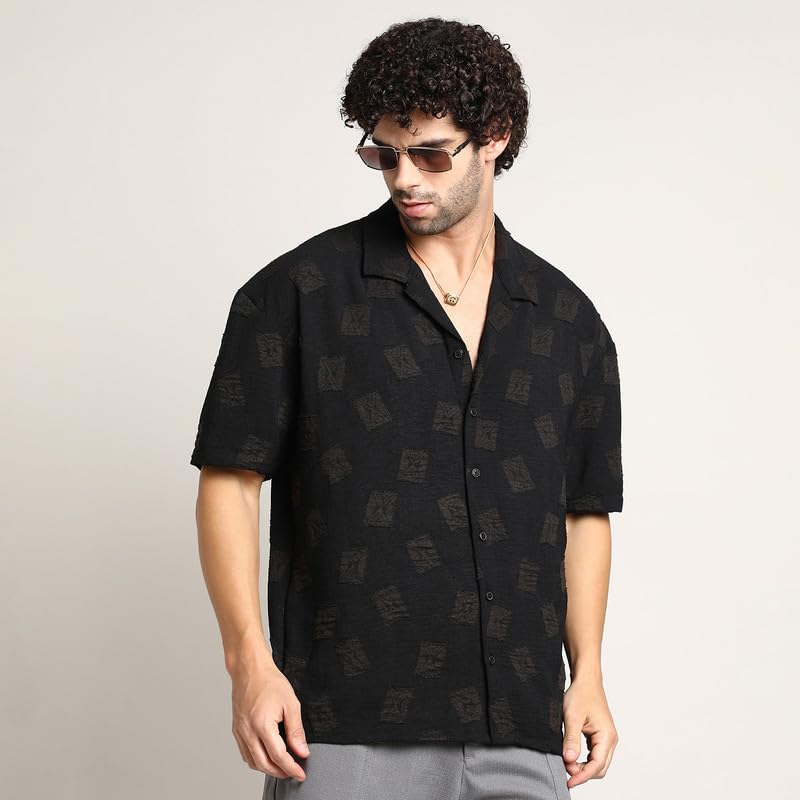Image of CAHOOT Men's Oversized Shirt for Casual Wear | Cuban Collar | Short Regular Sleeves | Button Closure | Oversized Shirt Crafted with Comfort Fit for Everyday Wear