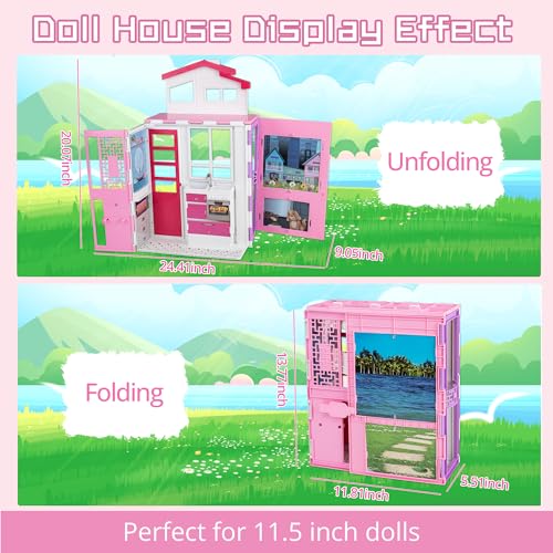 Dream Doll House for 12\'\' Dolls, 2-Story Portable Dollhouse W/Loft,Pets Rooms, 25+ Pcs Dollhouse Furnitures & Accessories, Space Saving Playhouse Birthday Xmas Toys Gifts for Girls 3 4 5 6 7 8+