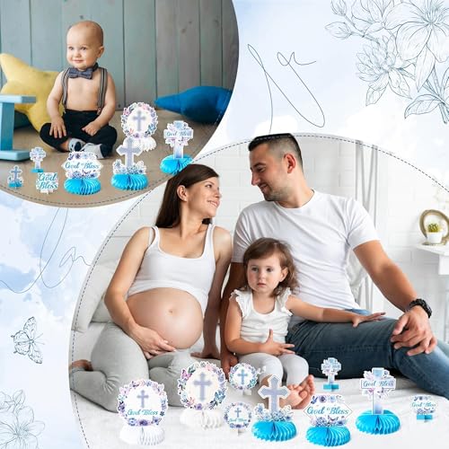 Image of ANGOLIO 12Pcs Baptism Honeycomb Centerpieces Birthday Party Decor, Summer Blue Purple God Bless Cross Religious Baptism Table Centerpieces for Baby Shower First Communion Gender Neutral Decorations