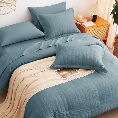 Image of CozyLux Oversized Queen Comforter Set with Sheets, 7 Pieces 98 inchx98 inch Mineral Blue Seersucker Bed in a Bag, Luxury Soft Bedding Sets with Down Alternative Comforter, Sheets, Pillowcases & Shams