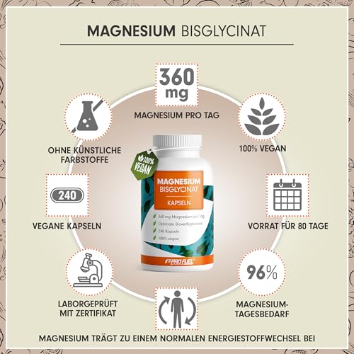 Magnesium Bisglycinat Kapseln 240x - 3000 mg Magnesium-Bisglycinat, davon 360 mg elementares Magnesium pro Tag - laborgeprüft mit Zertifikat - 100% vegan - Vorrat für 80 Tage
