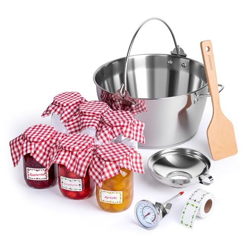 VonShef Jam Making Kit Includes 6 Jam Jars with Lids Induction Hob Safe Maslin Pan Thermometer & Spoon For Homemade Jams Chutneys & Preserves