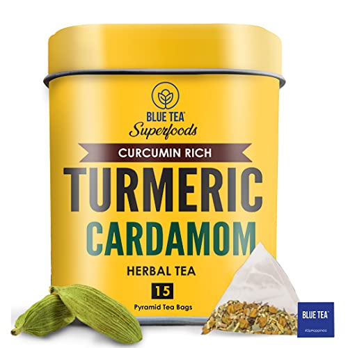 BLUE TEA - Turmeric Cardamom Tea Bags - 15 TB || Caffeine Free - Herbal Tea | Direct From Source - Plant-Based Biodegradable Tea Bag | Vegan - Non-GMO- Gluten Free | Tin Packaging