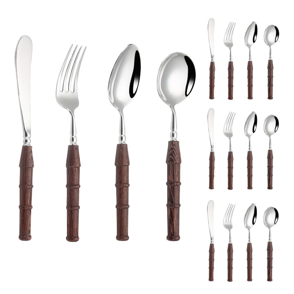 Couverts de Cuisine en Bois et Acier Inoxydable, Couverts Comprenant cuillère, Couteau et Fourchette, Poli Miroir (Couleur foncée, 16 pièces)