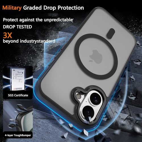 Image of Magnetic iPhone 16 case,Compatible with Magsafe, Military-Grade Protection,Slim Translucent Matte Shockproof with Anti-Scratch Anti-Fingerprint Phone Cover (Black, iPhone 16)