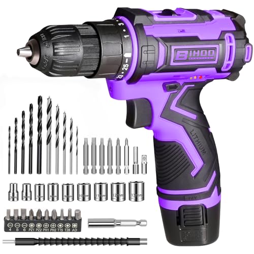 Image of Purple 12V Cordless Drill,Electric Power Driver Kit,3/8-Inch Keyless Chuck, Variable Speed,with Drills Bits Set for Home DIY