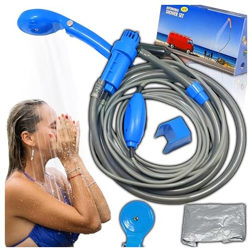 Retoo Ducha de camping portátil con bomba de 35 – 60 W, ducha al aire libre con cabezal de ducha y depósito de agua, manguera de 7 m, fuente de alimentación de 12 V, enchufe para coche, ducha, para