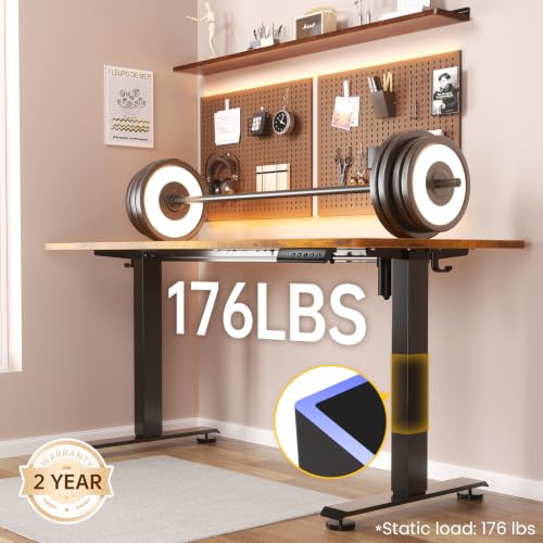 Image of Veken 63x27.6 Inch Large Electric Standing Desk, Gaming Table, Brown | Height Adjustable Sit Stand Up Computer Tables for Home Office, Study , Writing, Suit students, employees and group work