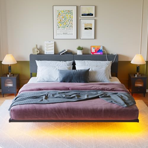 HOMERECOMMEND Marco de cama flotante tamaño King con estación de carga USB, marco de cama LED King con cabecero de almacenamiento de madera, marco de cama de plataforma de metal, no necesita somier