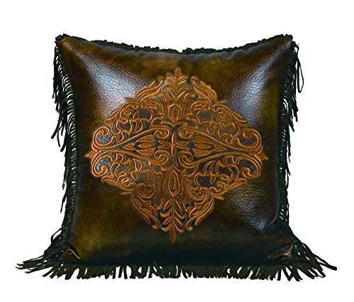 H HIEND ACCENTS Paseo Road Austin Modern Rustic Throw Pillow, 18x18 inch, Faux Leather Medallion Fringe Accent Pillow for Bed, Couch, Sofa