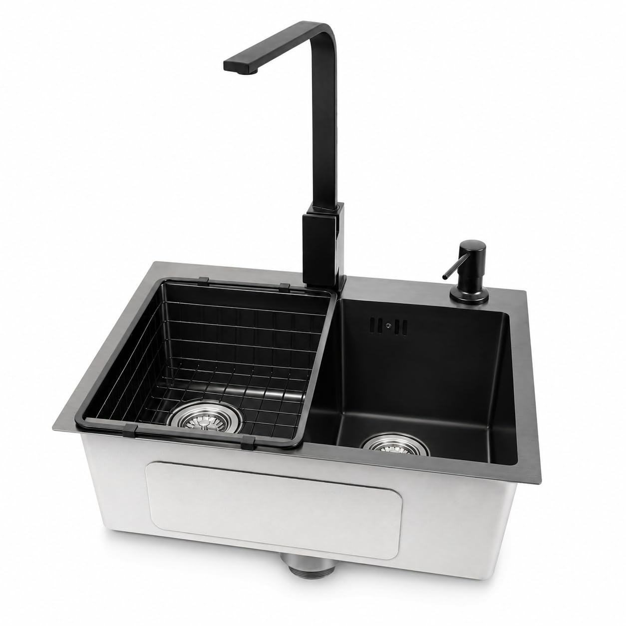 Lavello da cucina con 1 vassoio nero, 45 x 40 cm, lavello in acciaio inox da incasso con rubinetto girevole, cestello scolapiatti, erogatore di sapone, filtro ed evacuazione, lavello cucina per casa