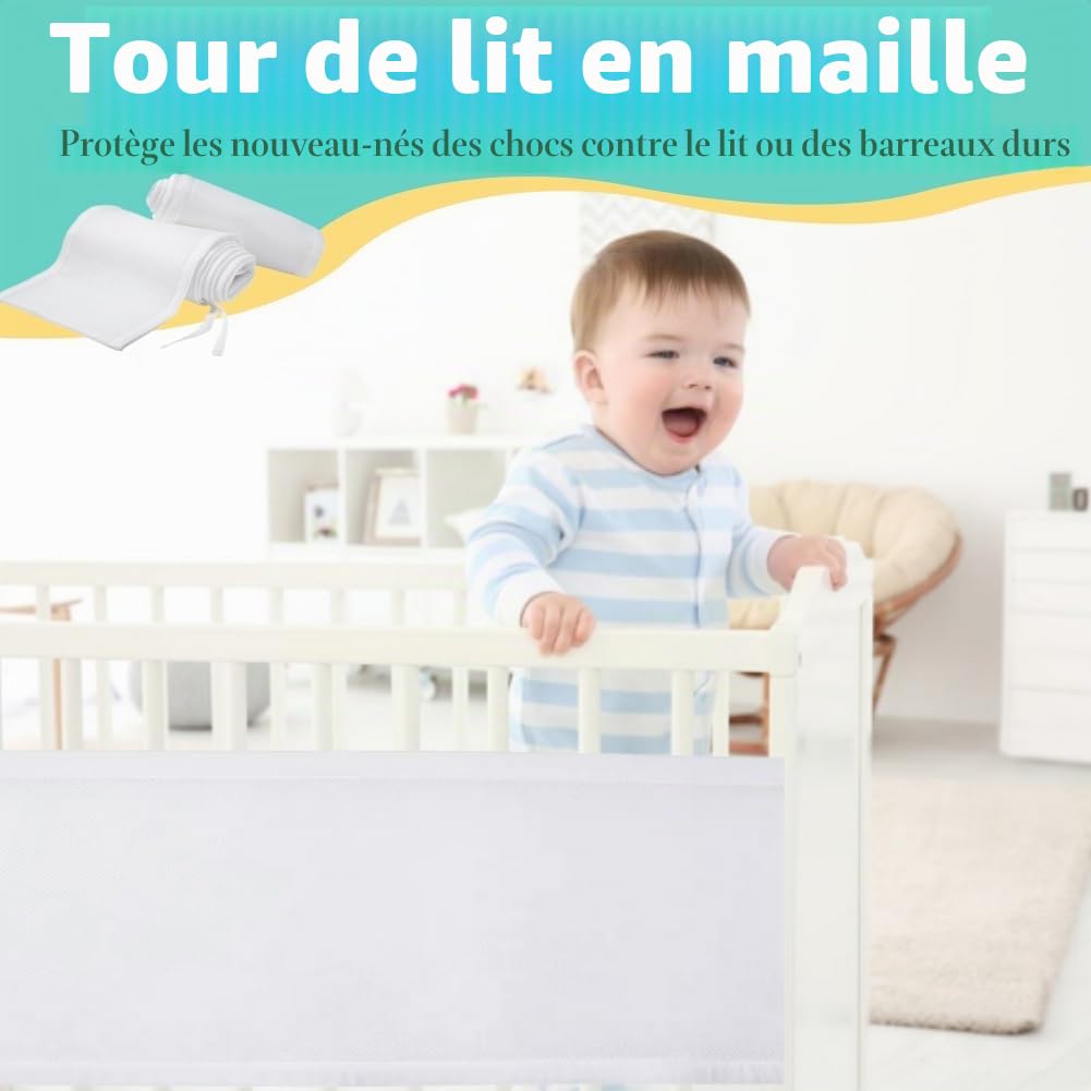 Tours de Lit Bébé Cabane,Contour de Lit Bébé Respirant,Doublure en Maille 4 Côtés,Tours de Lit en Maille Respirant,Lit de Bébé Respirants Anti Collision,4 Côtés Tissu en Mailles Respirantes