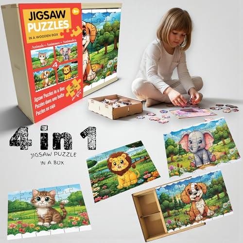 Image of Wooden Animal Jigsaw Puzzle Set for Kids (3+ Years) | 4-in-1 Cartoon Animal Puzzles with Wooden Storage Box | Learning Toy for Brain Development & Motor Skills