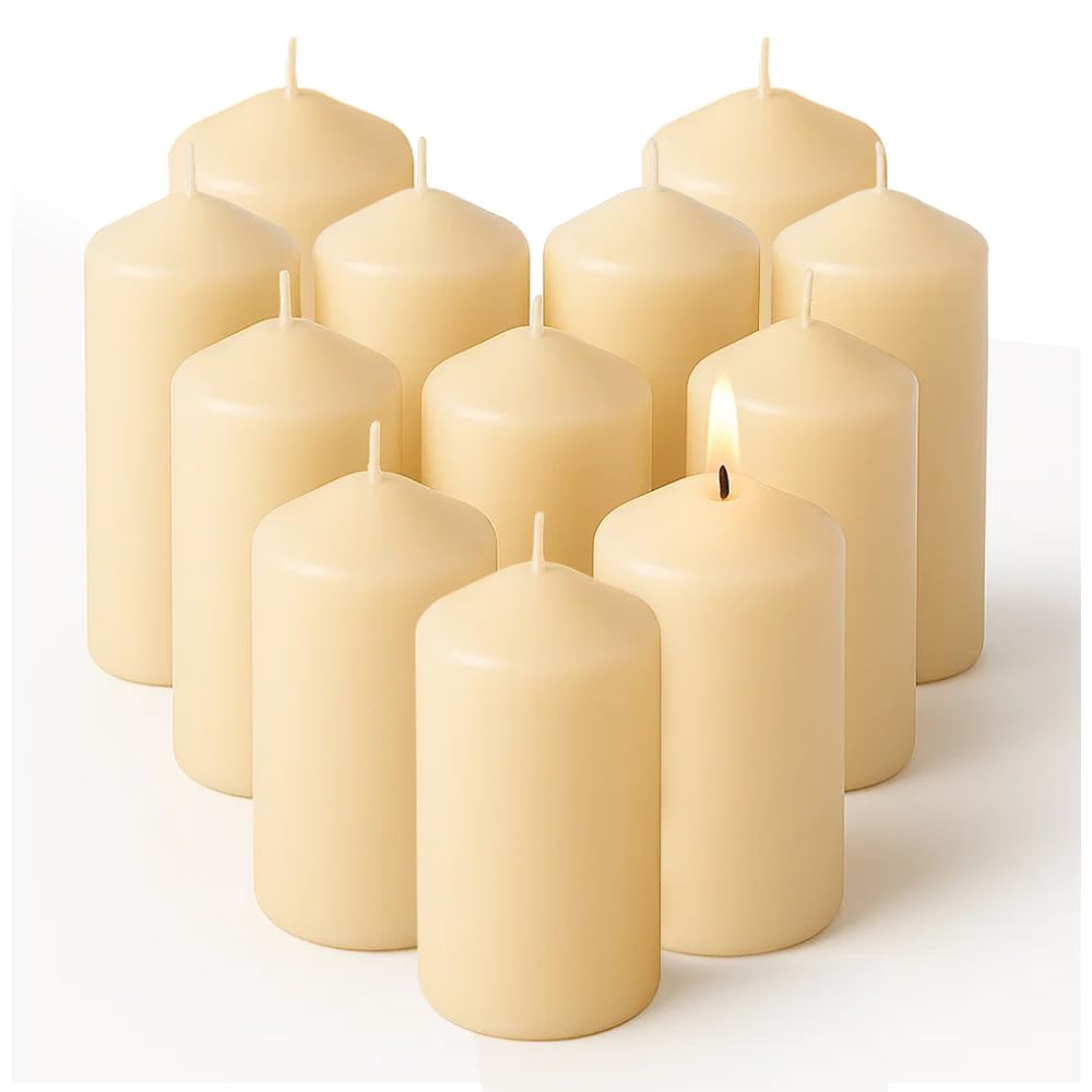Concept4u 12 x Cream Pillar Candles 40 x 60mm Upto 6 Hour Burn Time Long Lasting Unscented Pure Paraffin Wax Candles Ideal for Candlelight Dinner Parties Home Decor โ image 1