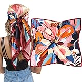 35” Large Square Satin Head Scarf - Silk Hair Scarf Square Hair Bandanas Large Scarf Sleeping Head Wraps Neck Scarf for Women Hair Wrap (Flower)