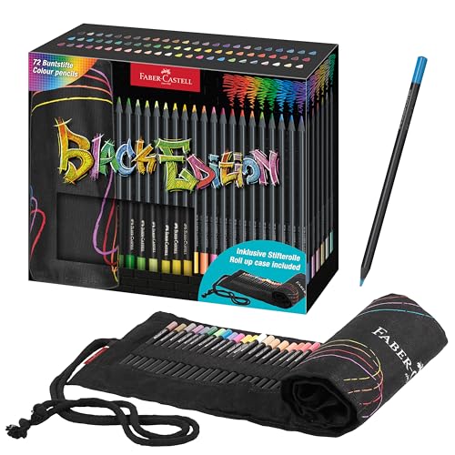 Faber-Castell 116418 - Buntstifte Set mit Stifte Rolle, 72 Black Edition Buntstifte, inkl. Metallic- und Neonfarben