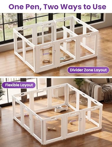 Image of DELOMO Clear Acrylic Indoor Dog Playpen, 24 inch H 12-Panel with 2 Doors, White