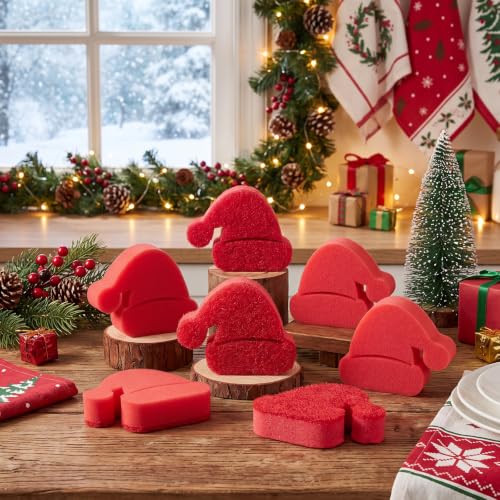 Image of Tioncy 12 Pack Christmas Hat Kitchen Sponges Bulk Red Christmas Hat Dual Sided Scrubber Sponges Dishwashing Kitchen Cleaning Accessories for Home Decor Household Supplies