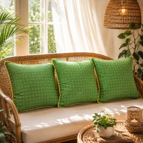 Image of RANGBHAR Handloom 100% Cotton Cushion Cover Set of 3 | Cushion with All-Around Piping for Premium Finish | 16x16 Inches Hand Woven Striped Cushion Covers - Green